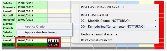 Rilore -  Visualizzazione nel cartellino del primo giorno del mese successivo